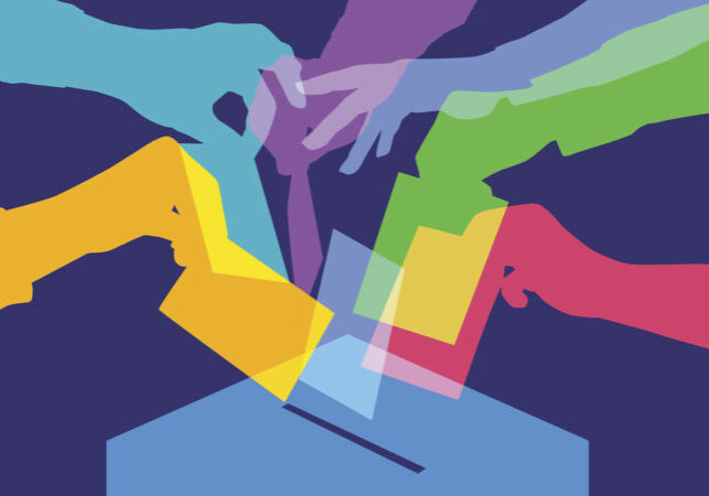 Colourful overlapping silhouettes of people voting. EPS10 file, best in RGB, CS5 versions in zip